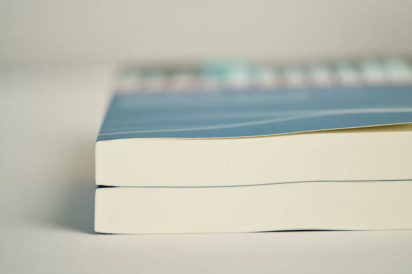 Zwei klebegebundene Broschüren in Seitenansicht, der cremeweiße Buchblock unter dem blauen Umschlag.